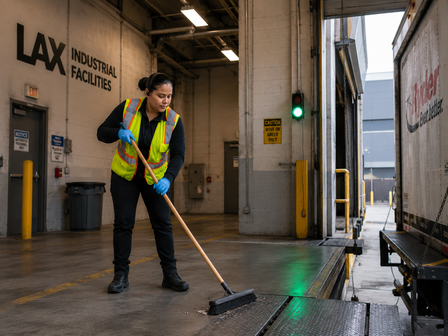 Gloss-N-Gleams staff member sweeping a LAX industrial facilities loading dock
