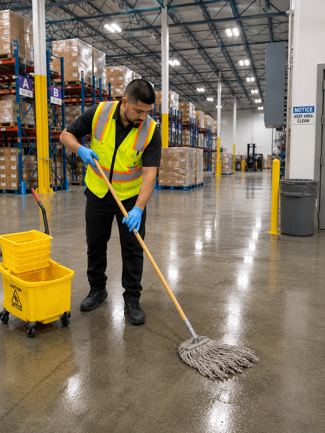 Gloss-N-Gleams staff member mopping a warehouse floor