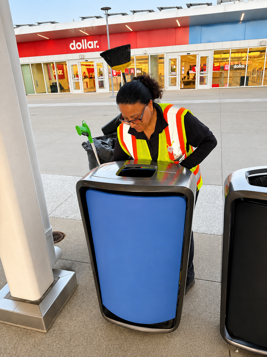 Gloss-N-Gleams staff member emptying an outdoor trash receptacle during a scheduled service visit