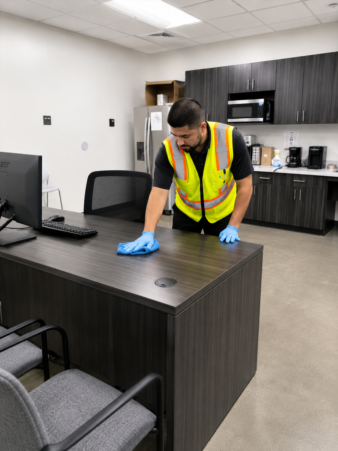 Gloss-N-Gleams staff member cleaning an office desk