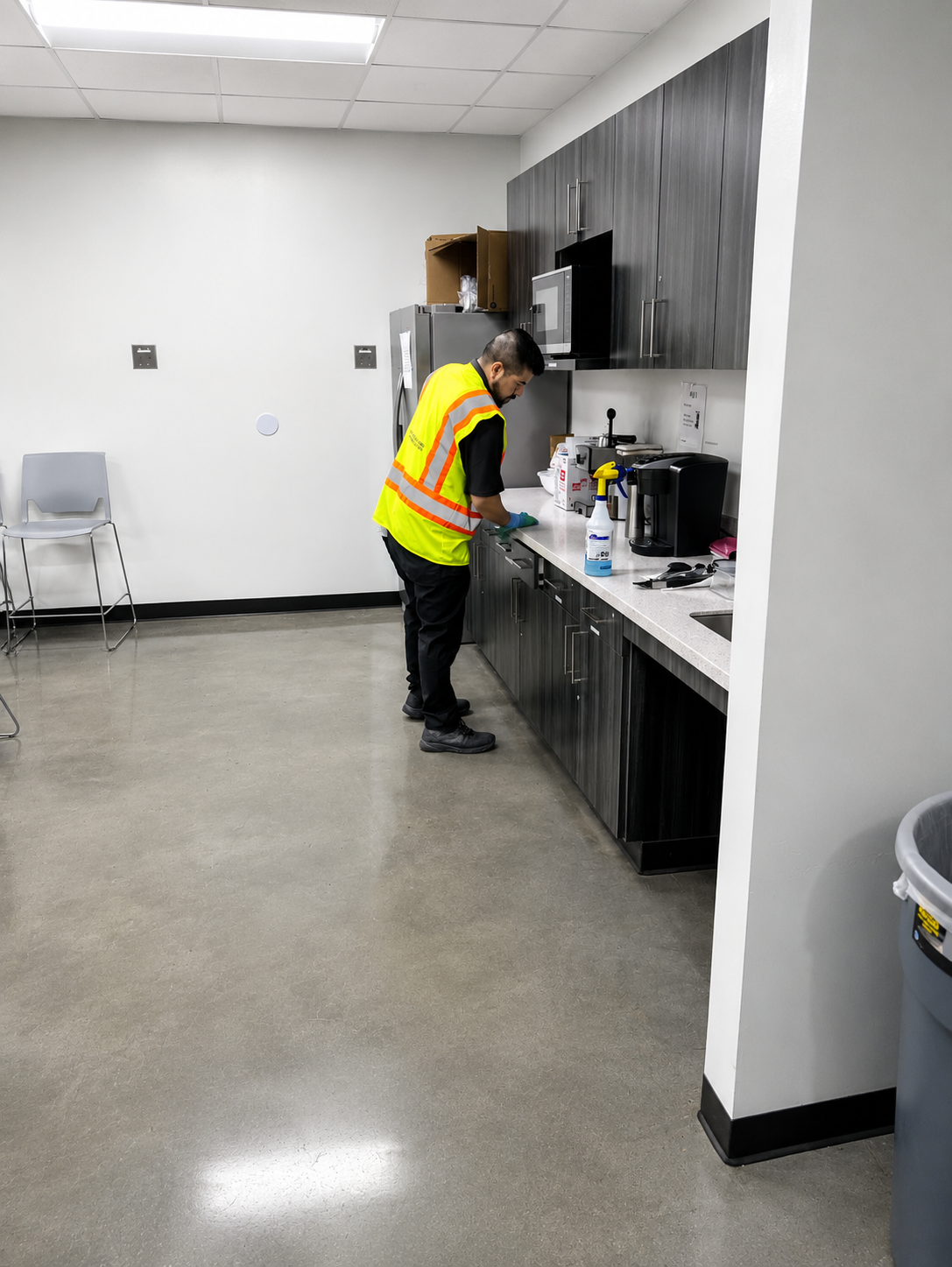 Gloss-N-Gleams staff member cleaning an office break room countertop