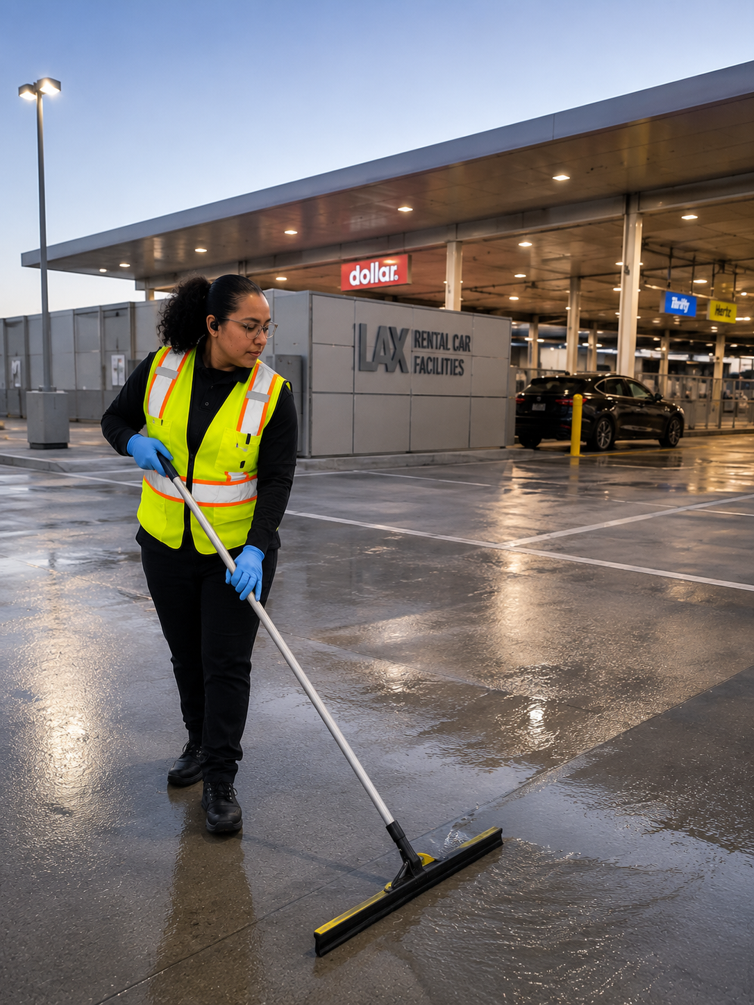 Gloss-N-Gleams staff member squeegeeing the floor at LAX rental car facilities