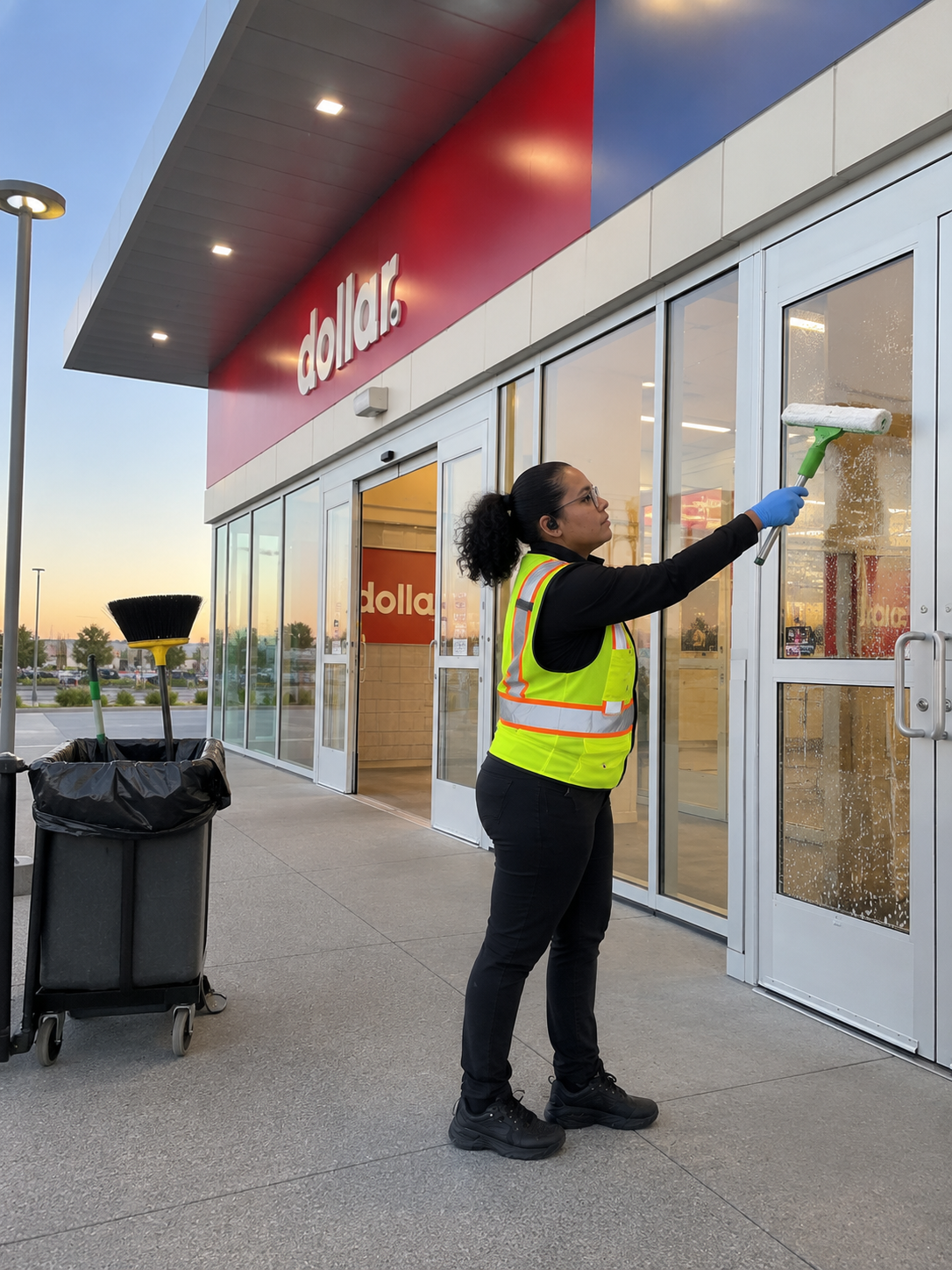 Gloss-N-Gleams staff member cleaning a retail storefront window