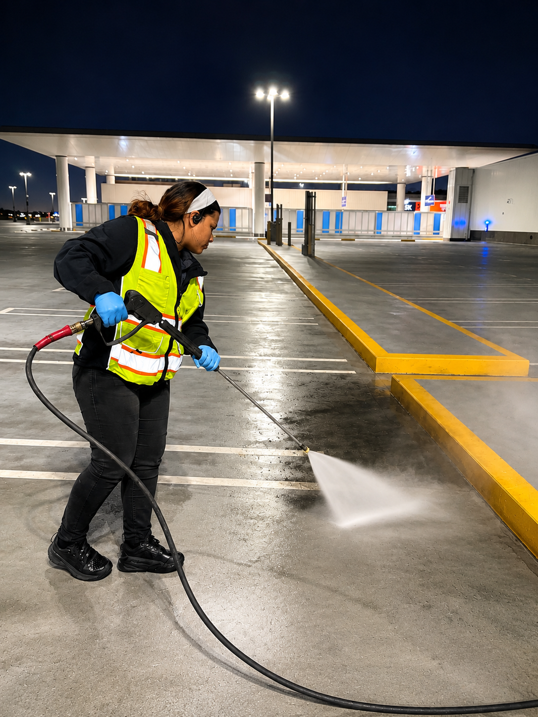 Gloss-N-Gleams staff pressure washing a commercial parking lot at night